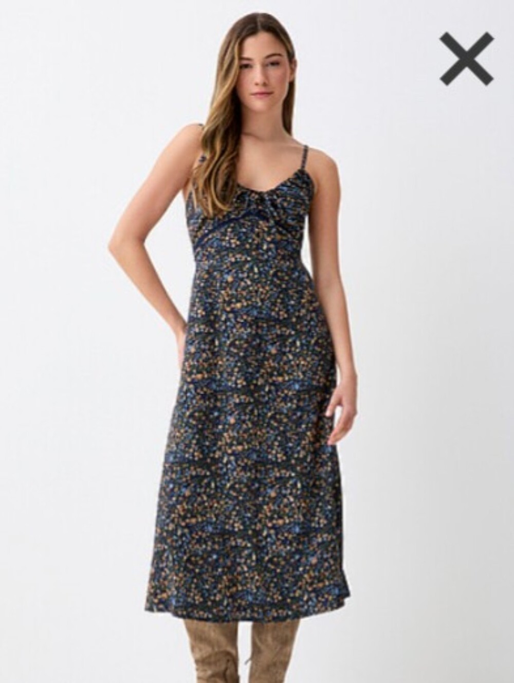 twik Navy Floral Boho Midi Dress with Adjustable Spaghetti Straps